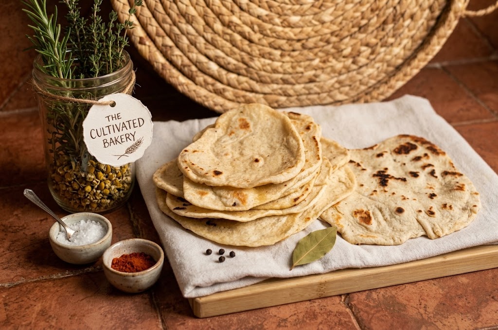 Stack of griddled flatbreads beside bowls of salt and paprika